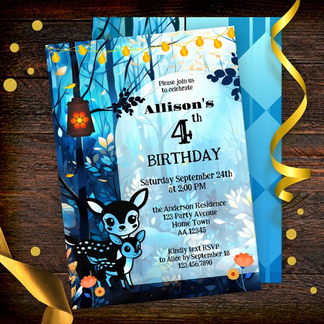 Invitation Cute Deer Automne Anniversaire des enfants (Cute autumn kids birthday party invitation featuring two cute deer in a forest with festive lights)