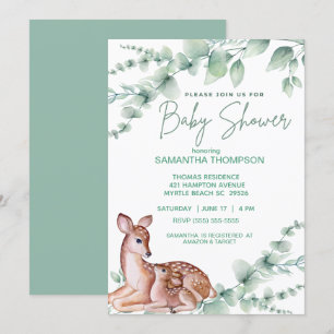 Invitation Cute Deer Mom Fawn Green Boys Baby shower