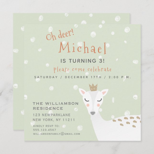 Invitation Cute Deer | Sage Green Kids Winter Birday (Devant / Derrière)