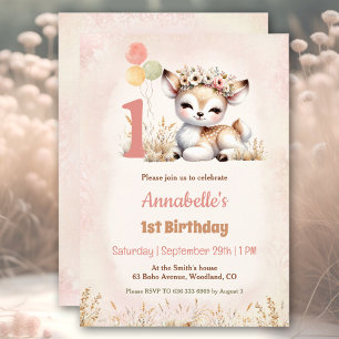 Invitation Cute Deer Woodland Boho Girl 1er anniversaire