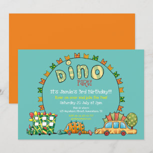 Invitation Cute Dino Cars Dinosaur Vert Jaune Garçons Anniver