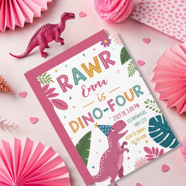 Invitation Cute Dino-Four Rose Dinosaur Girl 4e anniversaire (Créateur téléchargé)