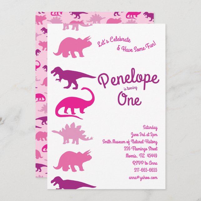 Invitation Cute Dinosaur 1er anniversaire Pink Dino Party (Devant / Derrière)