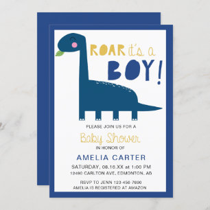 Invitation Cute Dinosaur baby shower Garçon Bleu Moderne