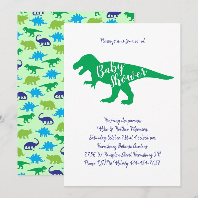 Invitation Cute Dinosaur Baby shower T-Rex Dino Green Boy (Devant / Derrière)