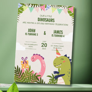Invitation Cute Dinosaur Enfants Double Anniversaire Fête