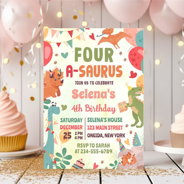 Invitation Cute Dinosaur Four-A-Saurus 4th Birthday Party (Créateur téléchargé)