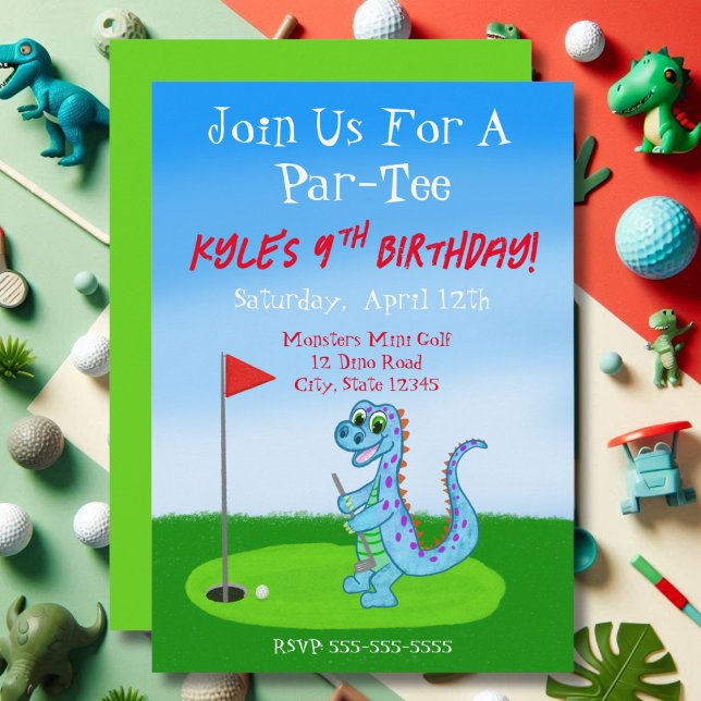 Invitation Cute Dinosaur Golf Thématique 9e anniversaire (Créateur téléchargé)