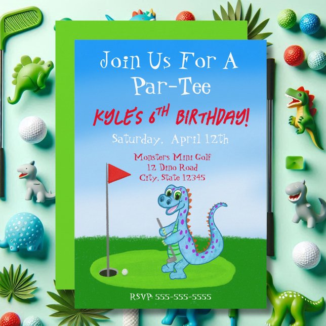 Invitation Cute Dinosaur Golf Thème 4ème anniversaire (Créateur téléchargé)