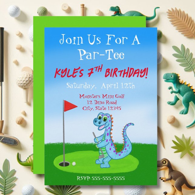 Invitation Cute Dinosaur Golf Thème 7ème anniversaire (Créateur téléchargé)