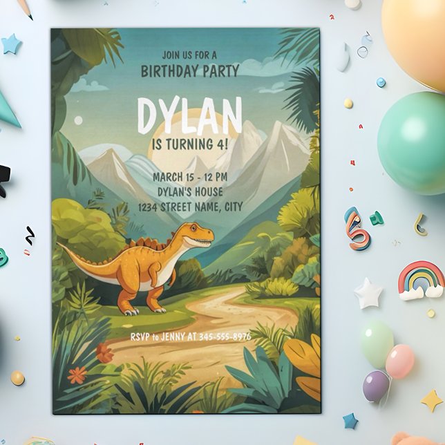 Invitation Cute Dinosaur Green 4e fête d'anniversaire (Créateur téléchargé)