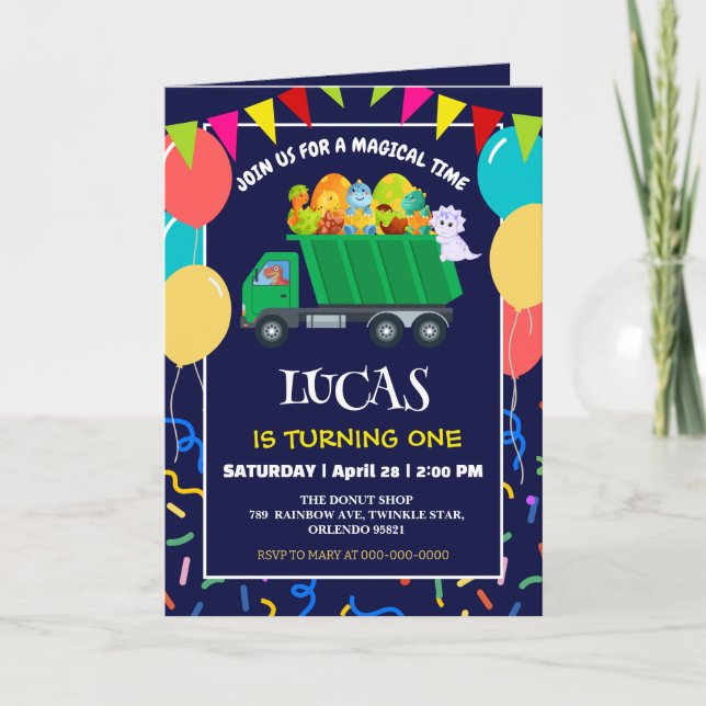 Invitation Cute Dinosaur Green camion à ordures enfant enfant (Devant)