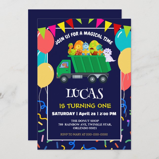 Invitation Cute Dinosaur Green camion à ordures enfant enfant (Devant / Derrière)