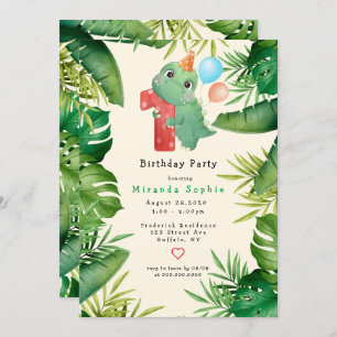 Invitation Cute Dinosaur Green Feuilles 1er anniversaire