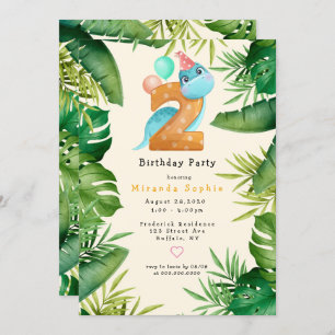 Invitation Cute Dinosaur Green Feuilles 2e fête d'anniversair