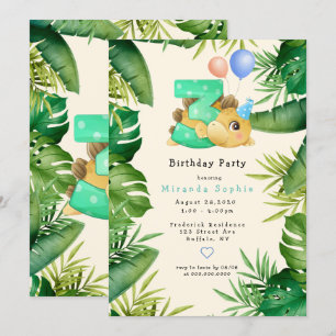 Invitation Cute Dinosaur Green Feuilles 3ème anniversaire
