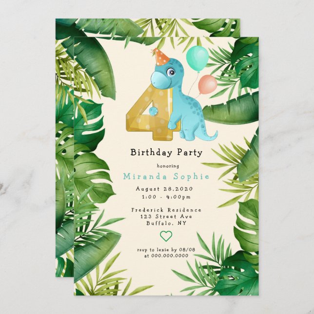 Invitation Cute Dinosaur Green Feuilles 4ème anniversaire (Devant / Derrière)