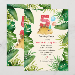 Invitation Cute Dinosaur Green Feuilles 5ème anniversaire