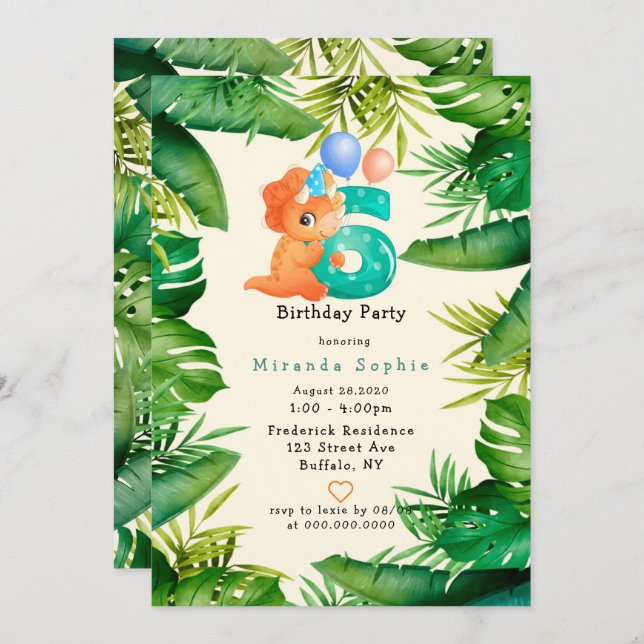 Invitation Cute Dinosaur Green Feuilles 6ème anniversaire (Devant / Derrière)
