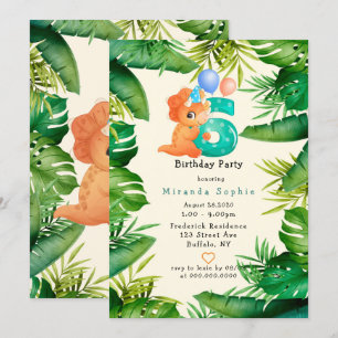 Invitation Cute Dinosaur Green Feuilles 6ème anniversaire