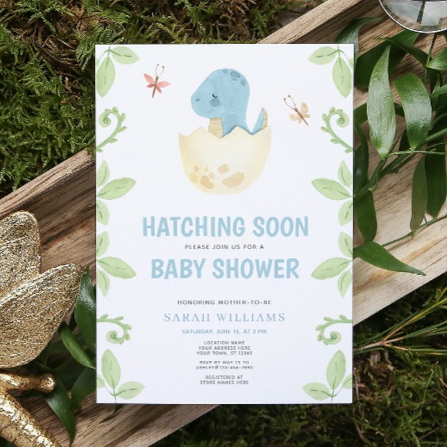 Invitation Cute Dinosaur Hatching Bientôt Blue Boy Baby showe (Get ready for a Jurassic celebration with our adorable dinosaur baby shower invitations! 🦕)