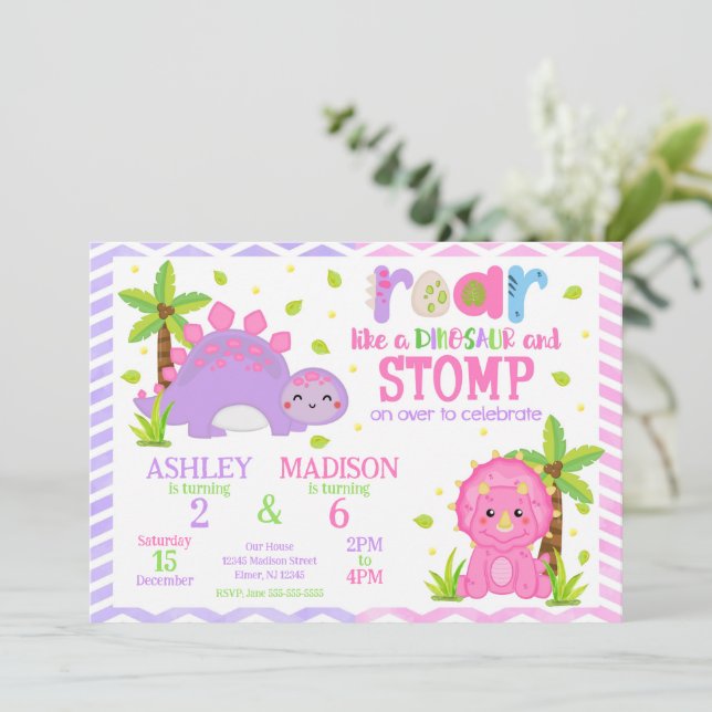Invitation Cute Dinosaur Joint Birthday  (Debout devant)