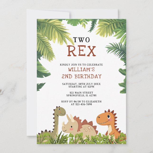 Invitation Cute Dinosaur Jurassic Two Rex 2e fête d'anniversa (Devant)