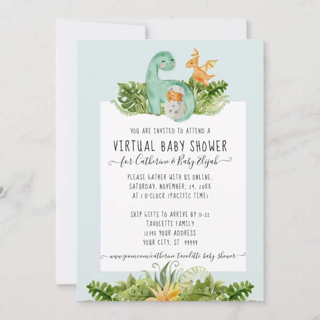 Invitation Cute Dinosaur maman Foliage bébé Douche virtuelle (Devant)