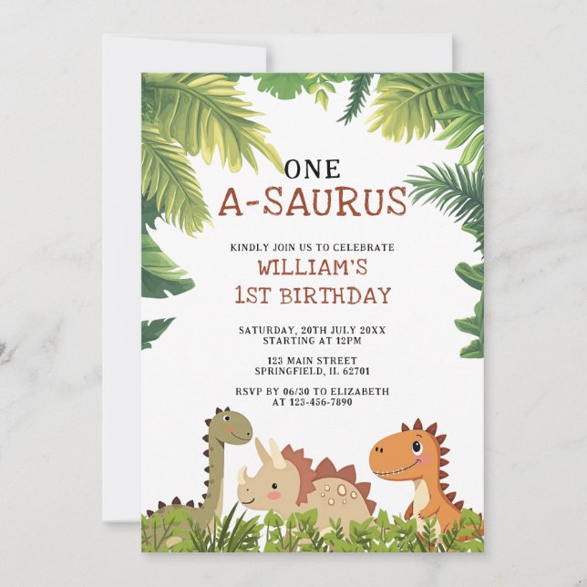 Invitation Cute Dinosaur One-A-Saurus 1er anniversaire (Devant)