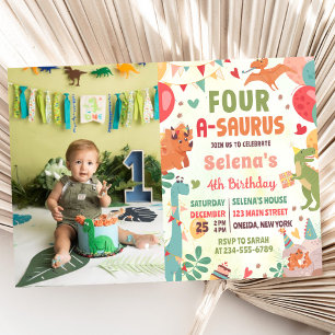Invitation Cute Dinosaur Quatre-A-Saurus 4e anniversaire Phot
