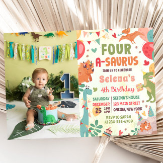 Invitation Cute Dinosaur Quatre-A-Saurus 4e anniversaire Phot