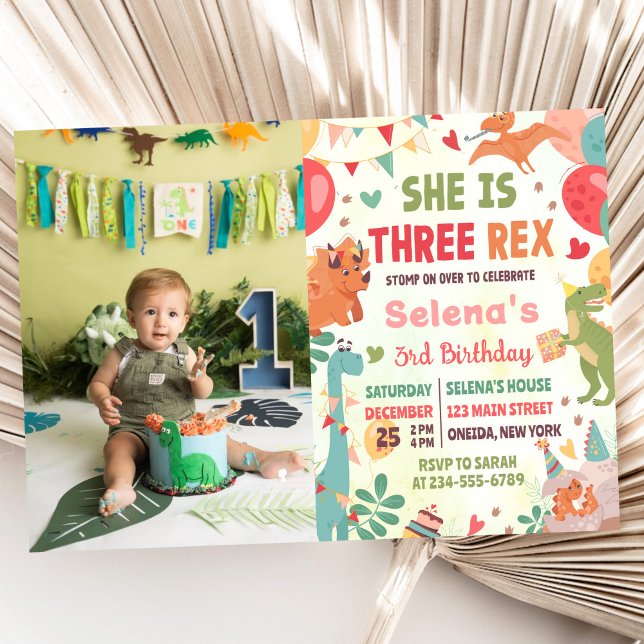 Invitation Cute Dinosaur Three Rex 3rd Birthday Party Photo  (Créateur téléchargé)