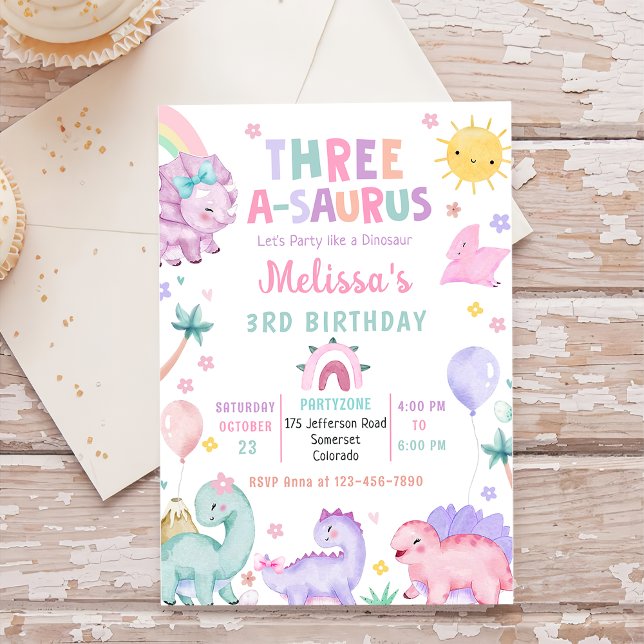 Invitation Cute Dinosaur Trois-A-Saurus 3e fête d'anniversair (Créateur téléchargé)