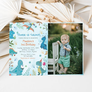 Invitation Cute Dinosaur Trois-A-Saurus 3ème anniversaire Pho