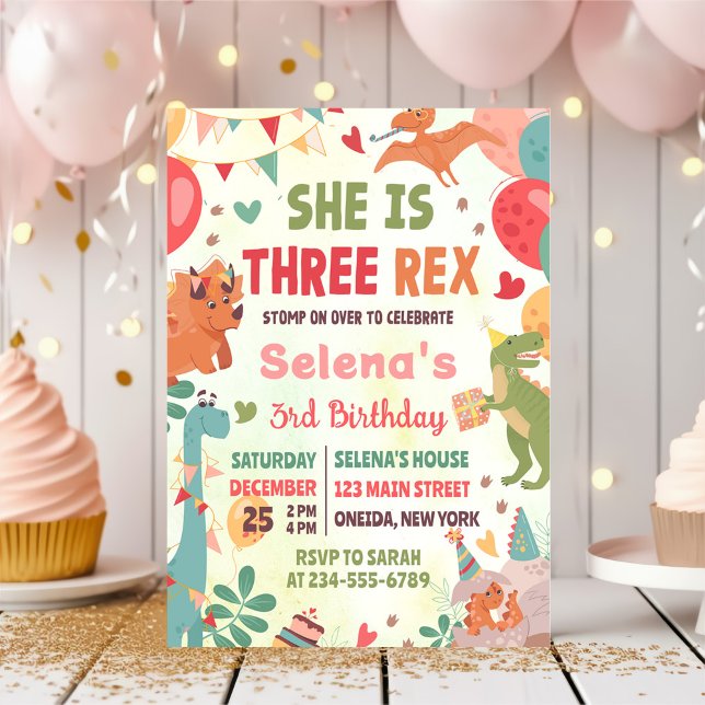 Invitation Cute Dinosaur Trois Rex 3e fête d'anniversaire (Créateur téléchargé)