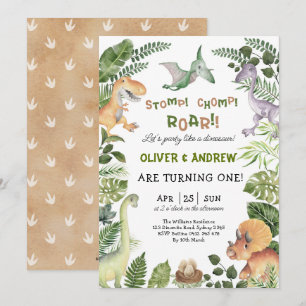 Invitation Cute Dinosaur Twin Boys Anniversaire Jurassique