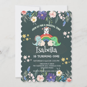Invitation Cute Dinosaur Unicorn arc-en-ciel Floral enfants d