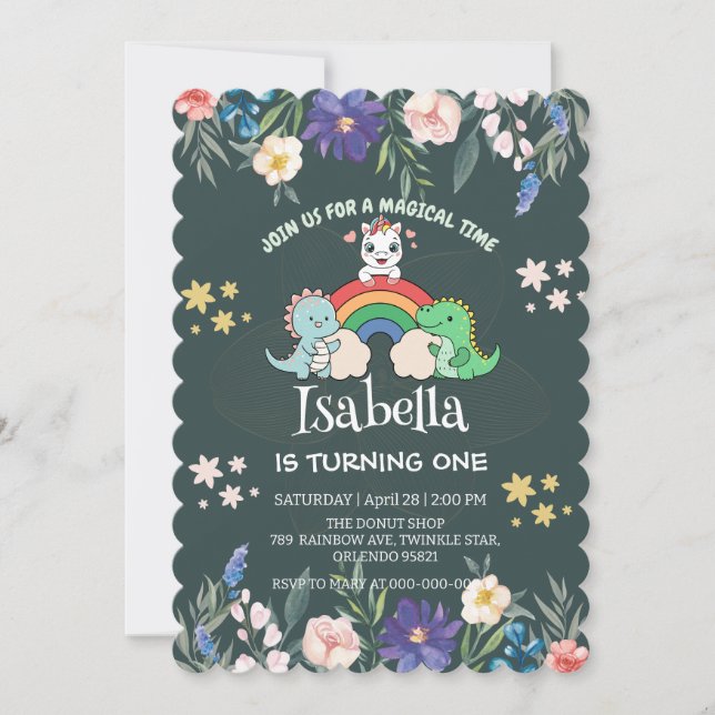 Invitation Cute Dinosaur Unicorn arc-en-ciel Floral enfants d (Devant)