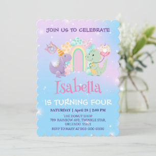 Invitation Cute Dinosaur Unicorn Donut Rainbow Enfants d'anni