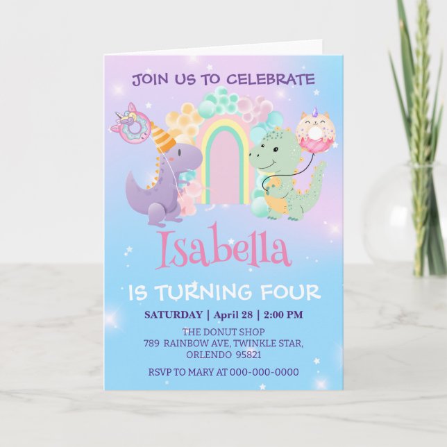 Invitation Cute Dinosaur Unicorn Rainbow ballon Anniversaire  (Devant)