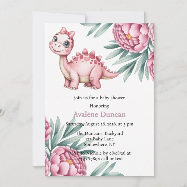 Invitation Cute Dinosaur with Pink Peony Girl Baby Shower (Devant)