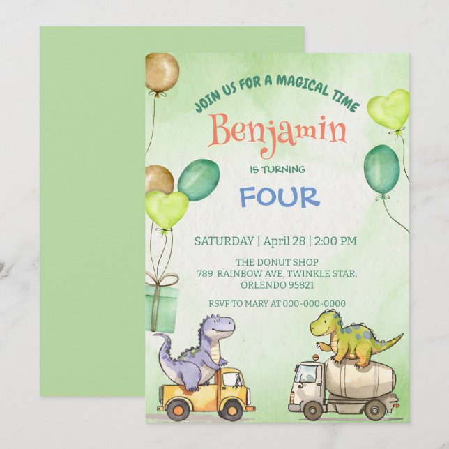 Invitation Cute dinosaure camion ciment Rainbow School Annive (Devant / Derrière)