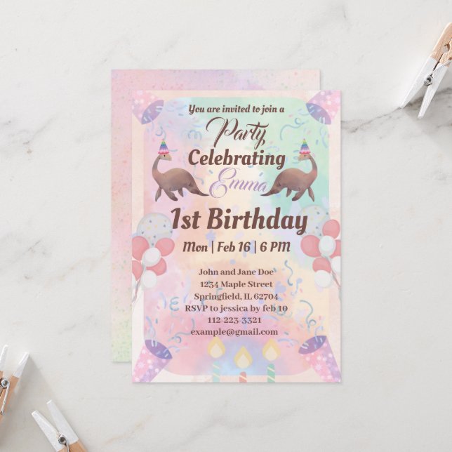 Invitation Cute dinosaure rose gosses 1er anniversaire (Devant/Arrière en situation)