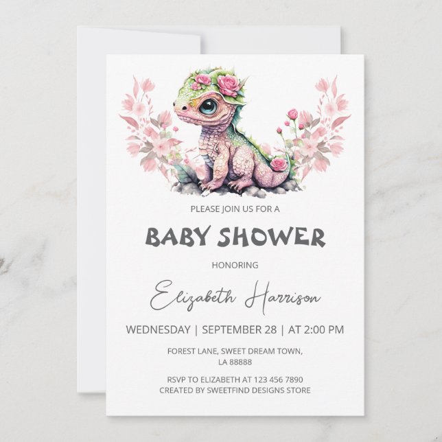 Invitation Cute Dragon Watercolor Baby shower fille (Devant)
