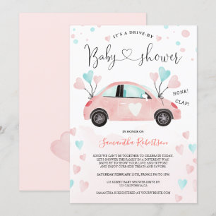 Invitation Cute Drive by baby shower car aquarelle coeur