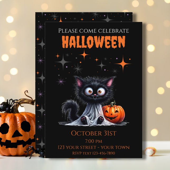 Invitation Cute Drôle Fantôme Noir Kitten Halloween (Créateur téléchargé)
