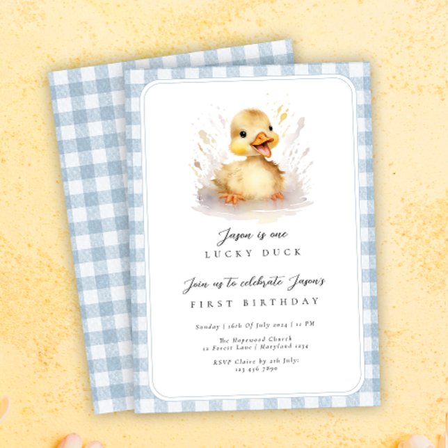 Invitation Cute Duck Blue En vichy 1er anniversaire (Créateur téléchargé)