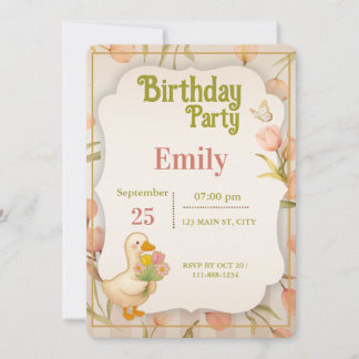 Invitation Cute Duck Floral Watercolor Birthday Party Invitat
