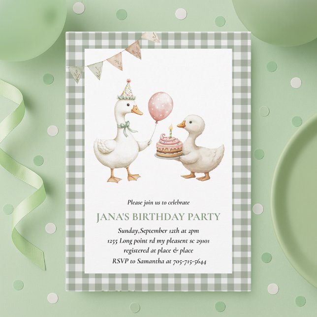 Invitation Cute Duck Green En vichy Anniversaire (Créateur téléchargé)
