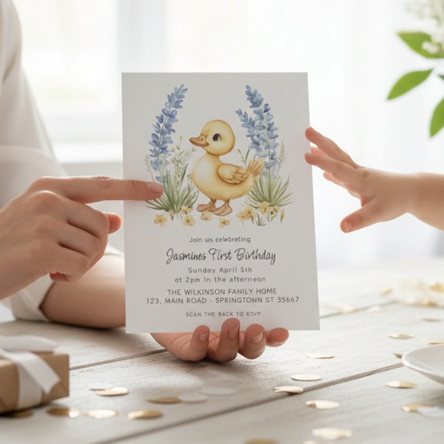 Invitation Cute Duckling Garden First Birthday QR Code  (Créateur téléchargé)